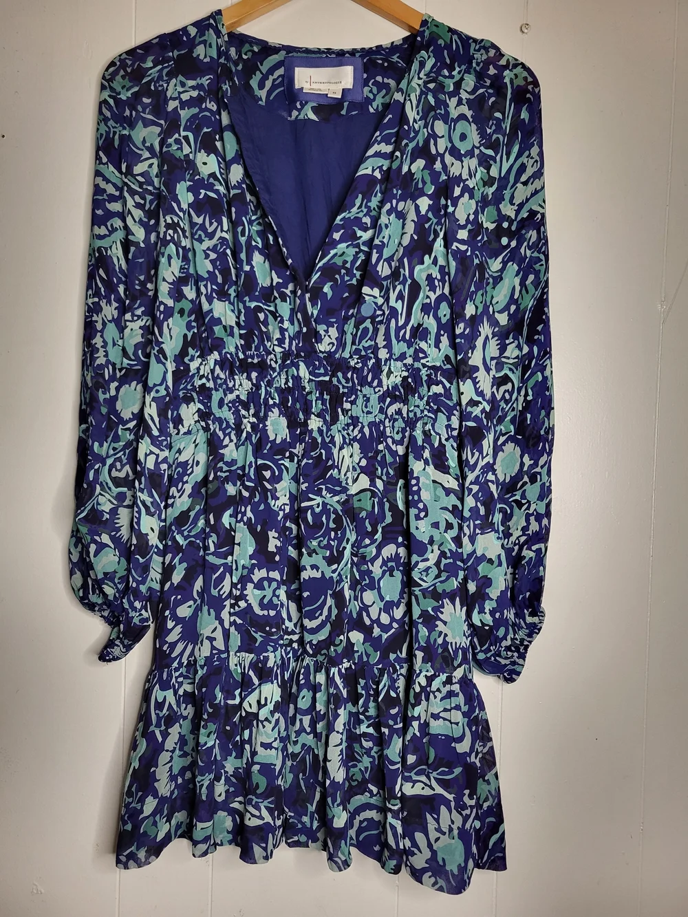 anthropologie blue floral dress Anthropologie Blue Floral Silhouette Maeve Collared Button-Front Belted Wrap Cropped Balloon Sleeved Maxi Dress